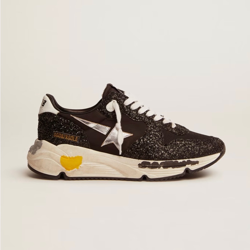 Golden Goose Running Sole Sneakers in black nylon and glitter with Silver Star